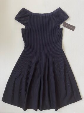 French Connection Off-Shoulder Black & Navy Ribbed Fit & Flare Dress